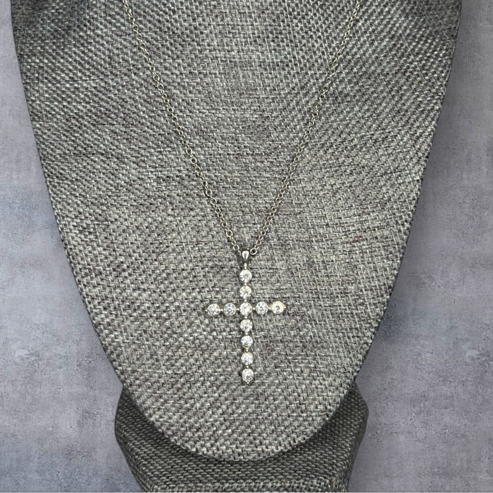 Silver & Rhinestone Cross Pendant Necklace 18in